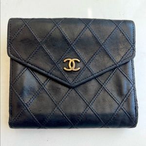 Chanel Quilted Black Lambskin Leather Bifold Wallet w/ CC Logo